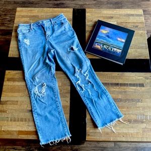 Girls distressed straight leg mid rise blue jeans